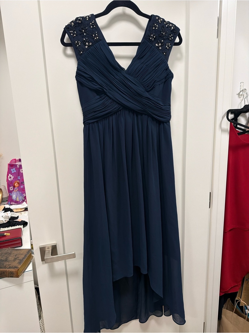 Sleeveless Navy High-Low Chiffon Evening Dress with Beaded Shoulders